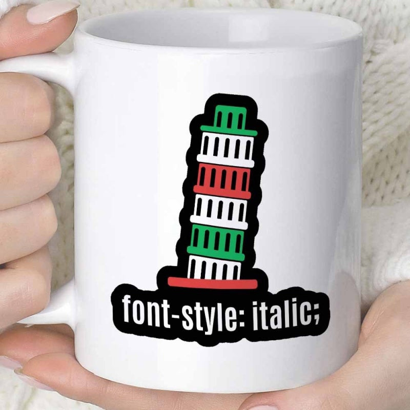 Tailorly White Ceramic 11 oz Mug - Font Style Italic Vibrant Italian Flag Colors Stylized Graphic Depicting Iconic Leaning Pisa Tower
