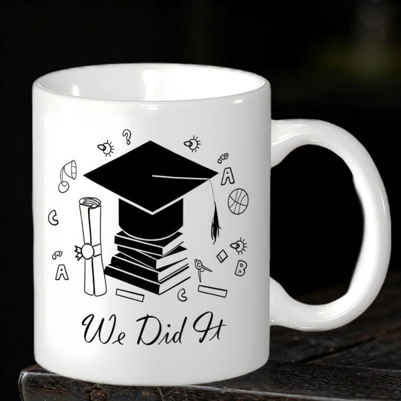 Tailorly White Ceramic 11 oz Mug - We Did It Minimalist Black And White Graduation Theme With Books And Diploma Cap