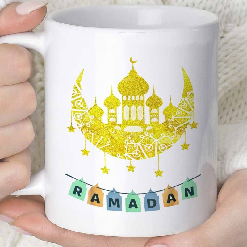 Tailorly White Ceramic 11 oz Mug - Ramadan Golden Glitter Crescent Moon With Hanging Stars And Decorative Bunting Mosque