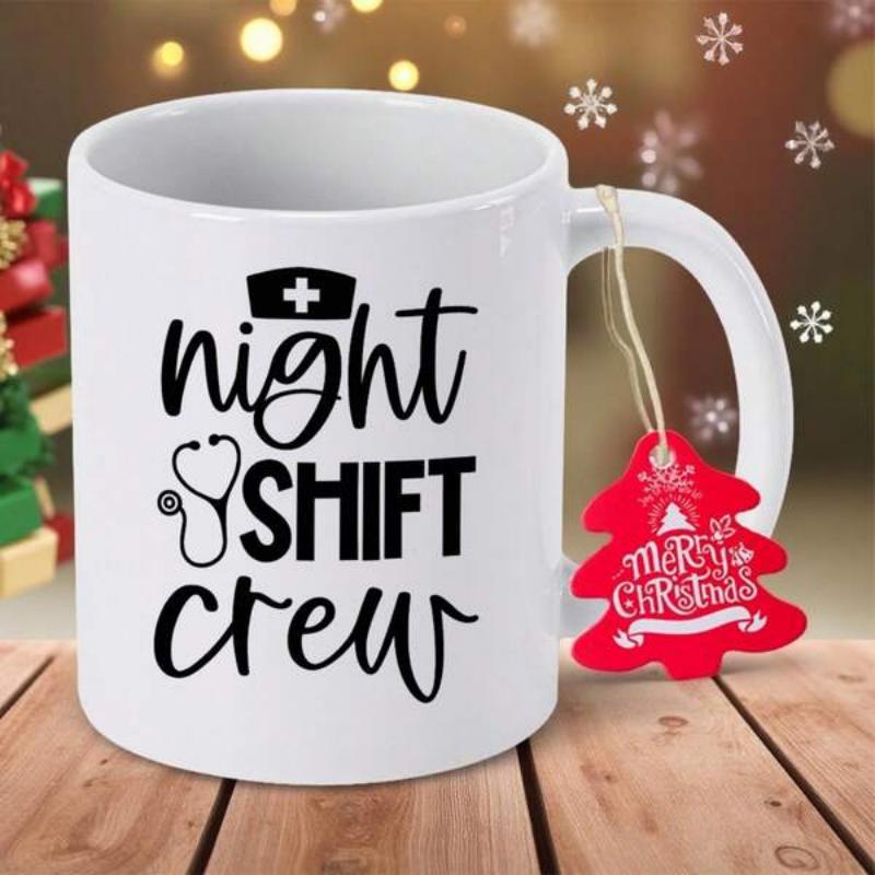 Tailorly White Ceramic 11 oz Mug - Night Shift Crew Elegant Medical Professional Design Featuring Stylized Stethoscope And Nurse Cap Mug