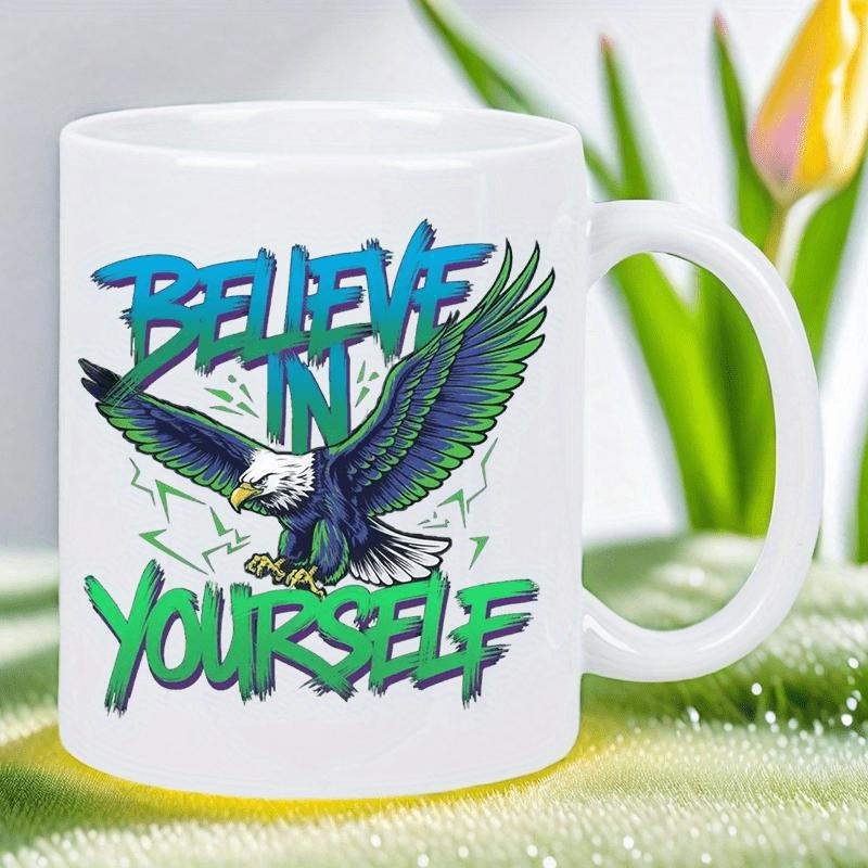 Tailorly White Ceramic 11 oz Mug - Believe In Yourself Powerful Wings Spreading Amidst Electric Green Energy Lightning Bolts Eagle