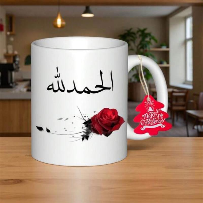 Tailorly White Ceramic 11 oz Mug - Merry Christmas Realistic Red Rose With Artistic Black Splatters And Petals Rose