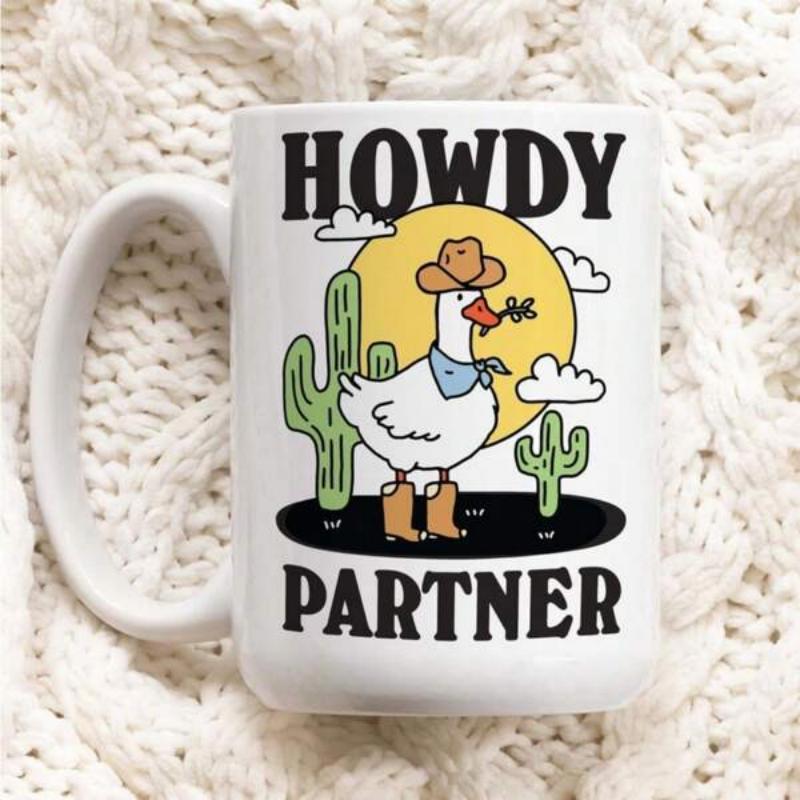 Tailorly White Ceramic 11 oz Mug - Howdy Partner Western Style Cartoon Bird Standing Beside Green Desert Cactus Goose