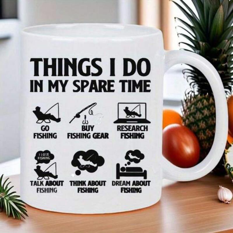 Tailorly White Ceramic 11 oz Mug - Things I Do In My Spare Time Funny Black Silhouette Icons Displaying Daily Activities Of A Passionate Fisherman