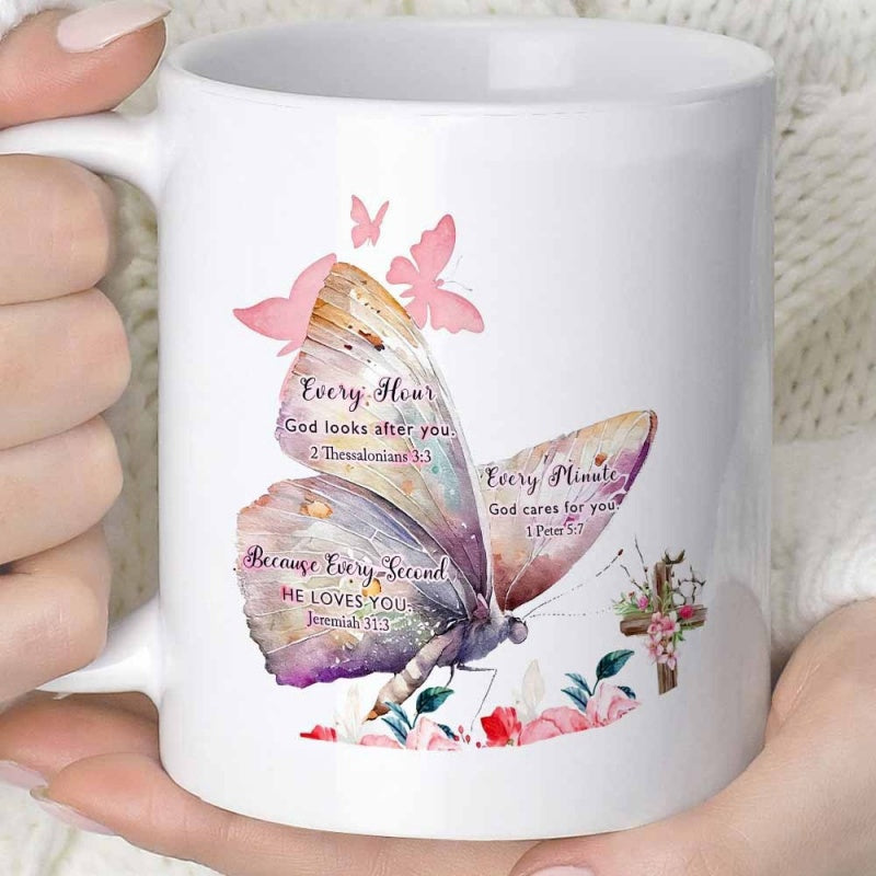 Tailorly White Ceramic 11 oz Mug - Every Hour God Looks After You Every Minute God Cares For You Because Every Second He Loves You Watercolor Wings Decorated With