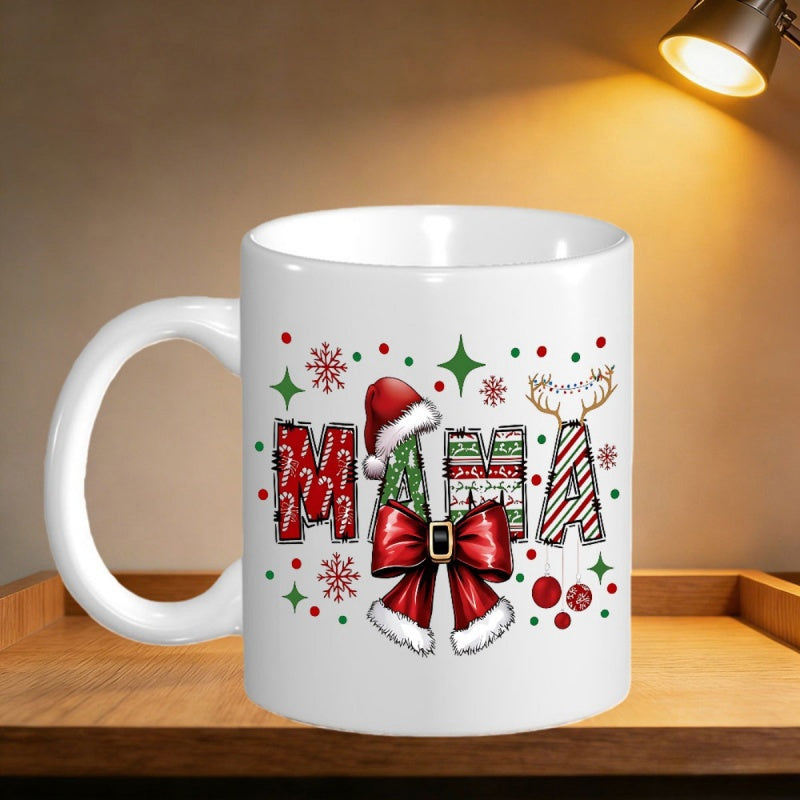 Tailorly White Ceramic 11 oz Mug - Mama Festive Christmas Elements Featuring Reindeer Antlers And Santa Hat Mug