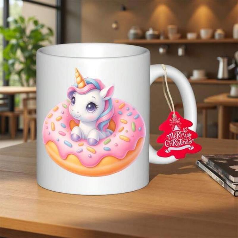 Tailorly White Ceramic 11 oz Mug - Adorable Pastel Colored Creature Sitting Inside A Sweet Pink Glazed Donut Unicorn