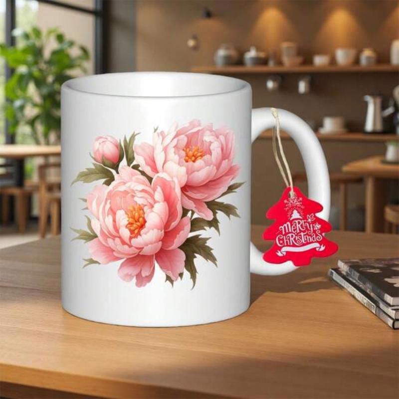 Tailorly White Ceramic 11 oz Mug - Merry Christmas Elegant Hand Painted Pink Flowers With Green Leaves Against White Ceramic Peony