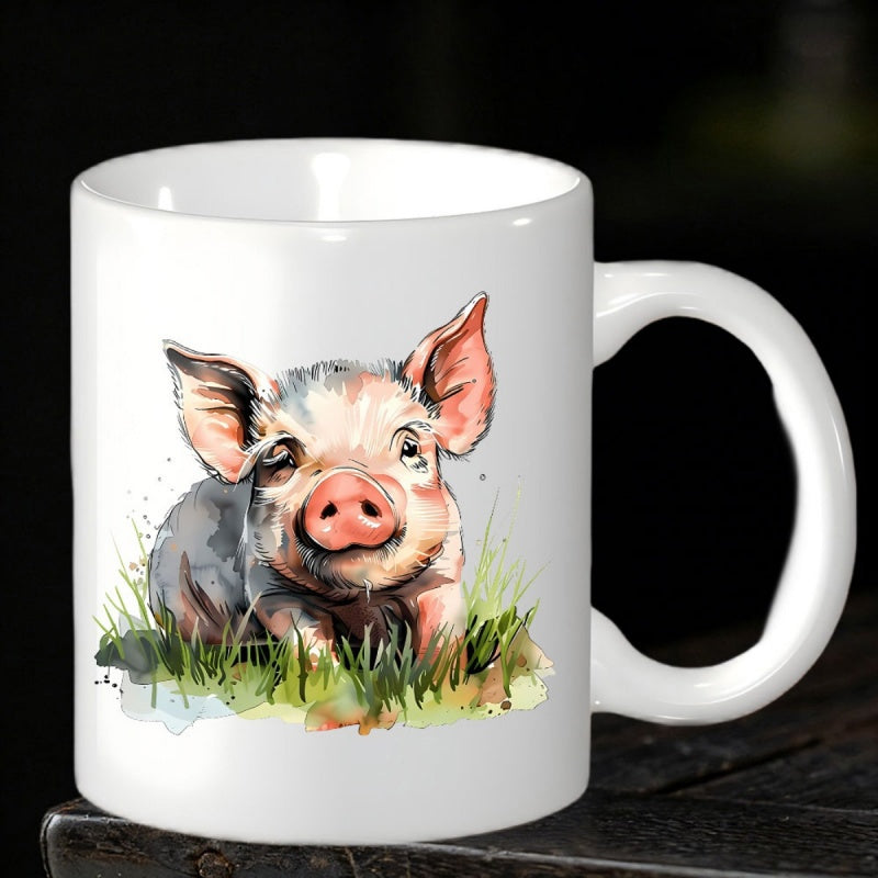 Tailorly White Ceramic 11 oz Mug - Adorable Watercolor Style Piglet Resting Among Lush Green Meadow Grass Piglet
