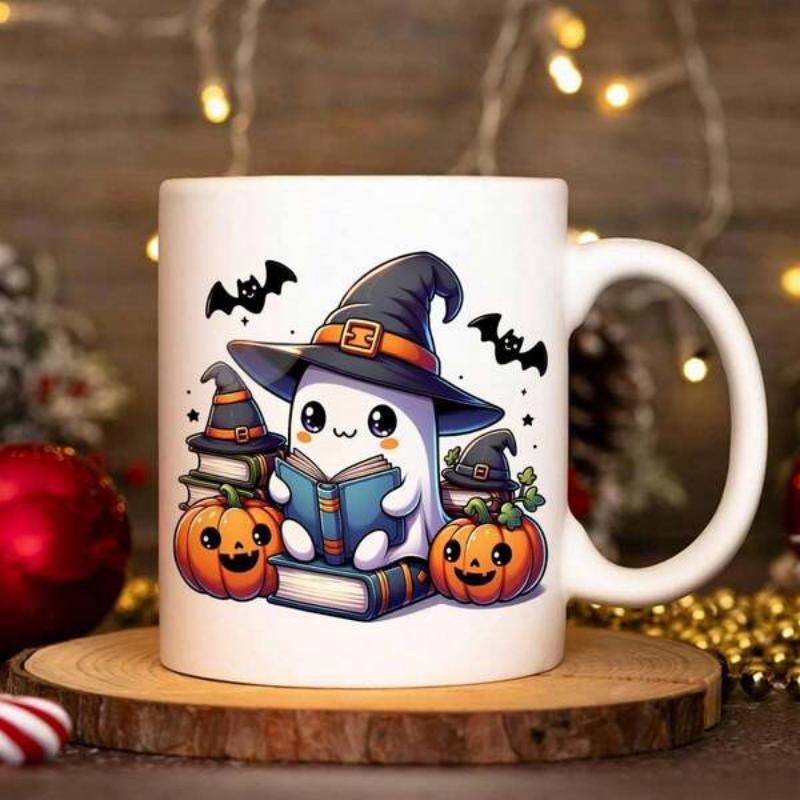 Tailorly White Ceramic 11 oz Mug - Adorable Little Halloween Spirit Wearing A Witch Hat Reading Old Books Ghost
