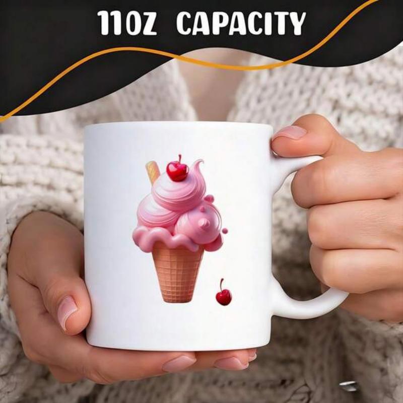 Tailorly White Ceramic 11 oz Mug - Delicious Pink Strawberry Swirl Cream Topped With Red Cherry Cone