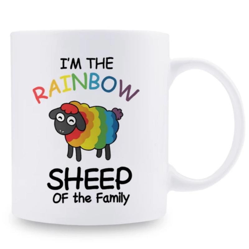 Tailorly White Ceramic 11 oz Mug - I'm The Rainbow Sheep Of The Family Cute Cartoon Animal With Vibrant Colorful Rainbow Stripes Standing On White Ground Sheep