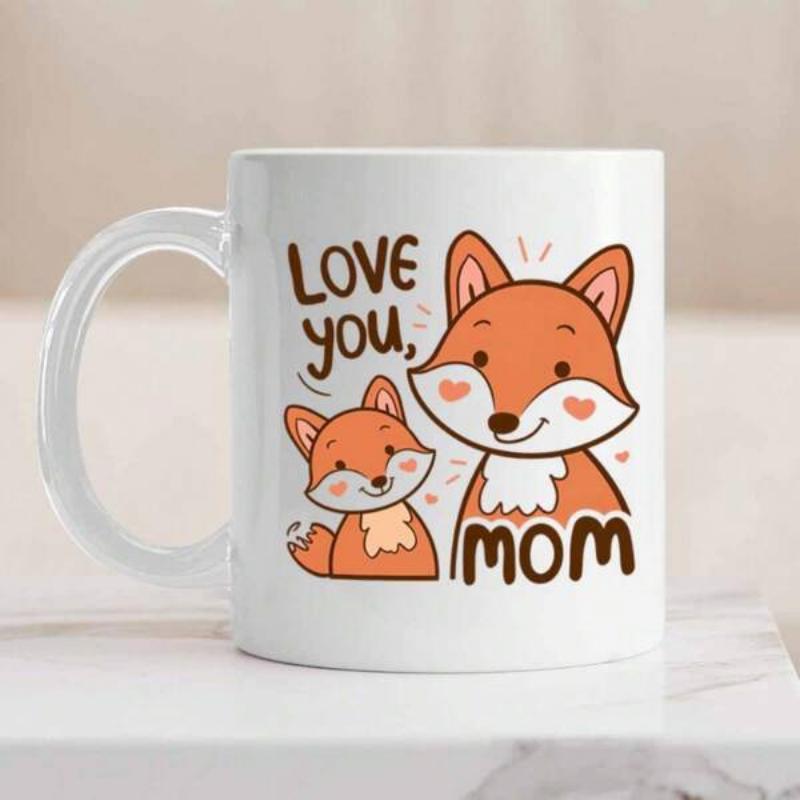 Tailorly White Ceramic 11 oz Mug - Love You Mom Two Cute Cartoon Foxes Sitting Together With Sweet Hearts And Warm Smiles Fox