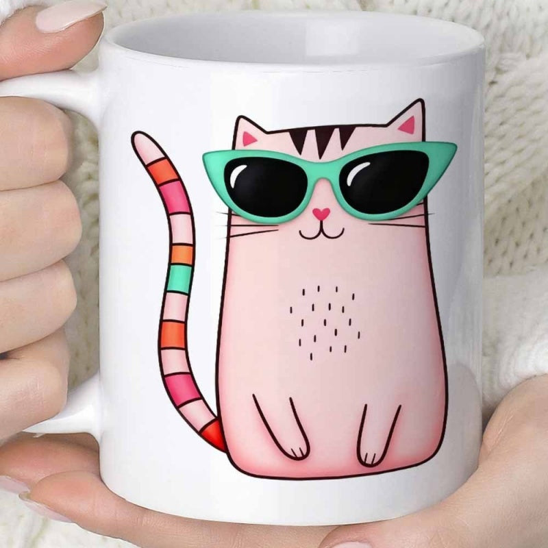 Tailorly White Ceramic 11 oz Mug - Cute Pink Feline Wearing Stylish Green Sunglasses With Colorful Striped Long Tail Cat