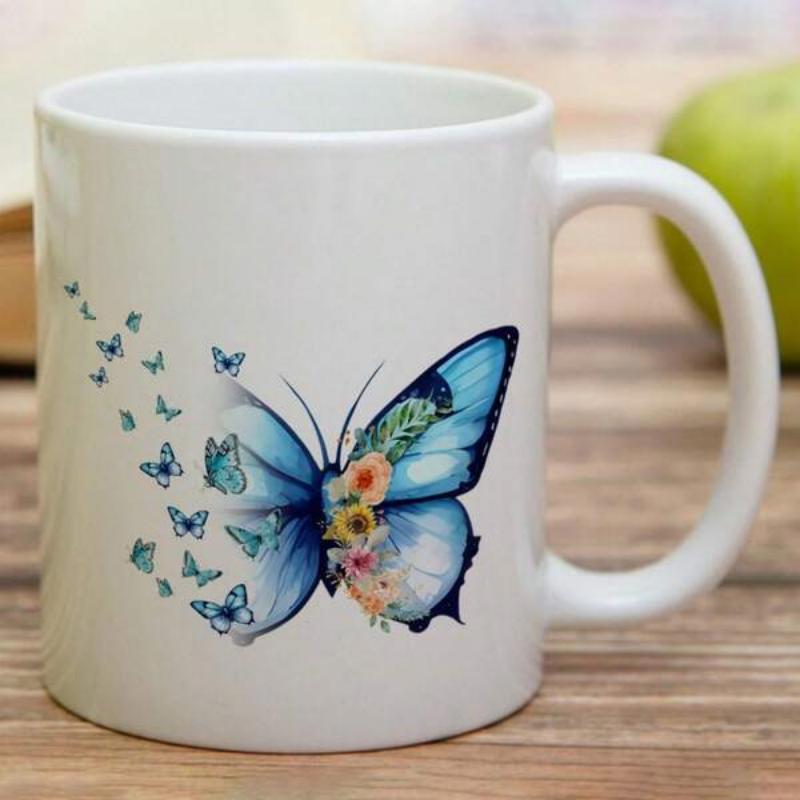 Tailorly White Ceramic 11 oz Mug - Graceful Blue Wings Adorned With Tiny Flowers And Trailing Small Silhouettes Butterfly