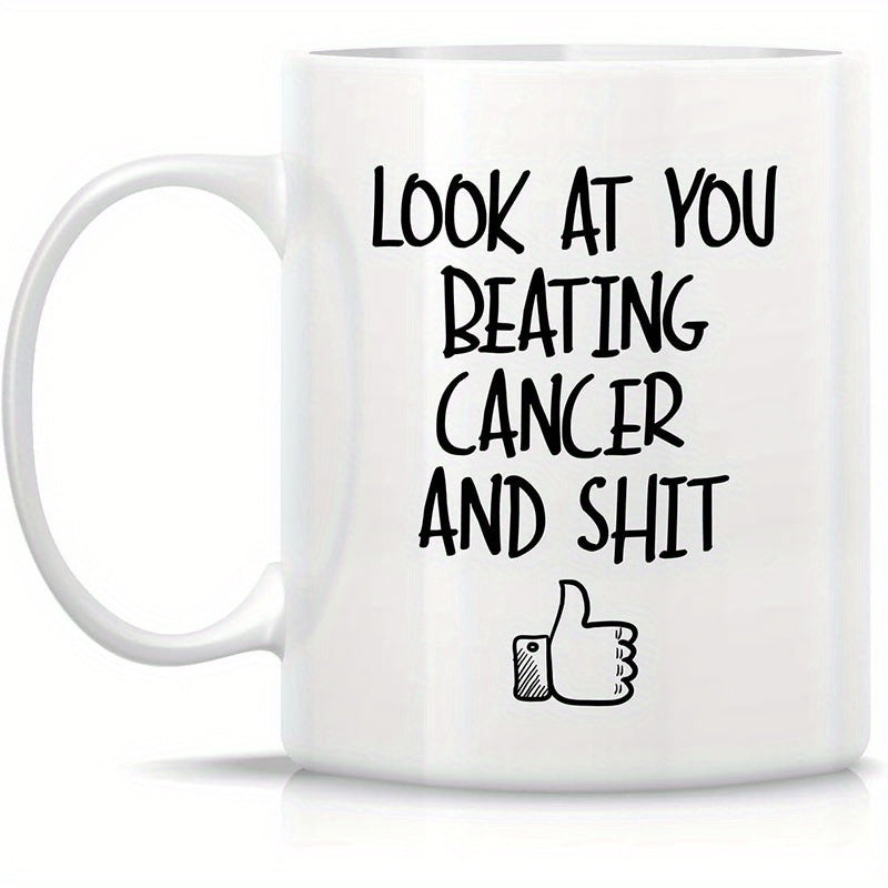 Tailorly White Ceramic 11 oz Mug - Look At You Beating Cancer And Shit Minimalist Black Line Art Showing A Supportive Thumbs Up Mug