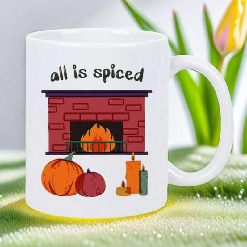 Tailorly White Ceramic 11 oz Mug - All Is Spiced Cozy Brick Hearth With Glowing Fire Pumpkins And Flickering Candles Fireplace