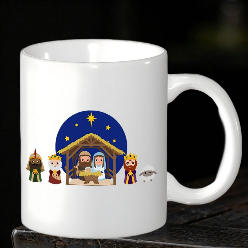 Tailorly White Ceramic 11 oz Mug - Flat Cartoon Holy Family With Wise Men Under Starry Night Sky Nativity