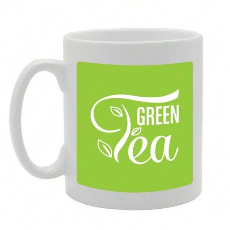 Tailorly White Ceramic 11 oz Mug - Green Tea Fresh Green Rectangle Backdrop With Elegant White Script And Leaves Mug
