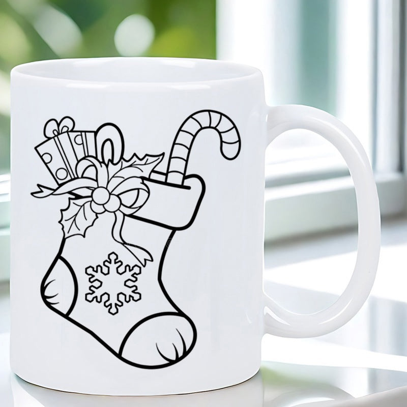 Tailorly White Ceramic 11 oz Mug - Festive Line Art Design Of A Holiday Themed Christmas Stocking