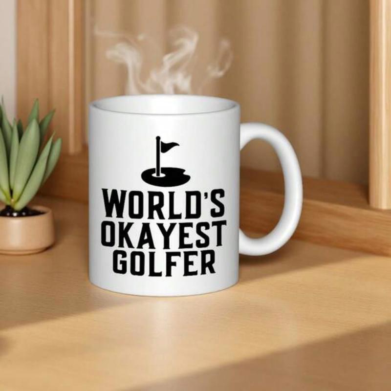 Tailorly White Ceramic 11 oz Mug - World's Okayest Golfer Minimalist Black Golf Hole With Flagstick On Green Putting Surface Golfer