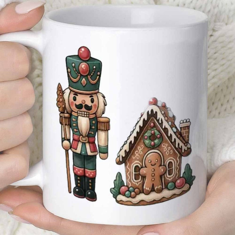 Tailorly White Ceramic 11 oz Mug - Classic Christmas Soldier Standing Beside A Festive Snow Covered Gingerbread House Nutcracker