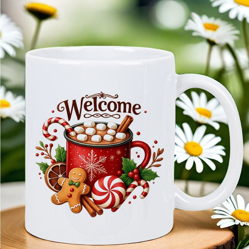 Tailorly White Ceramic 11 oz Mug - Welcome Warm Hot Cocoa With Sweet Marshmallows And Festive Seasonal Gingerbread Man Mug