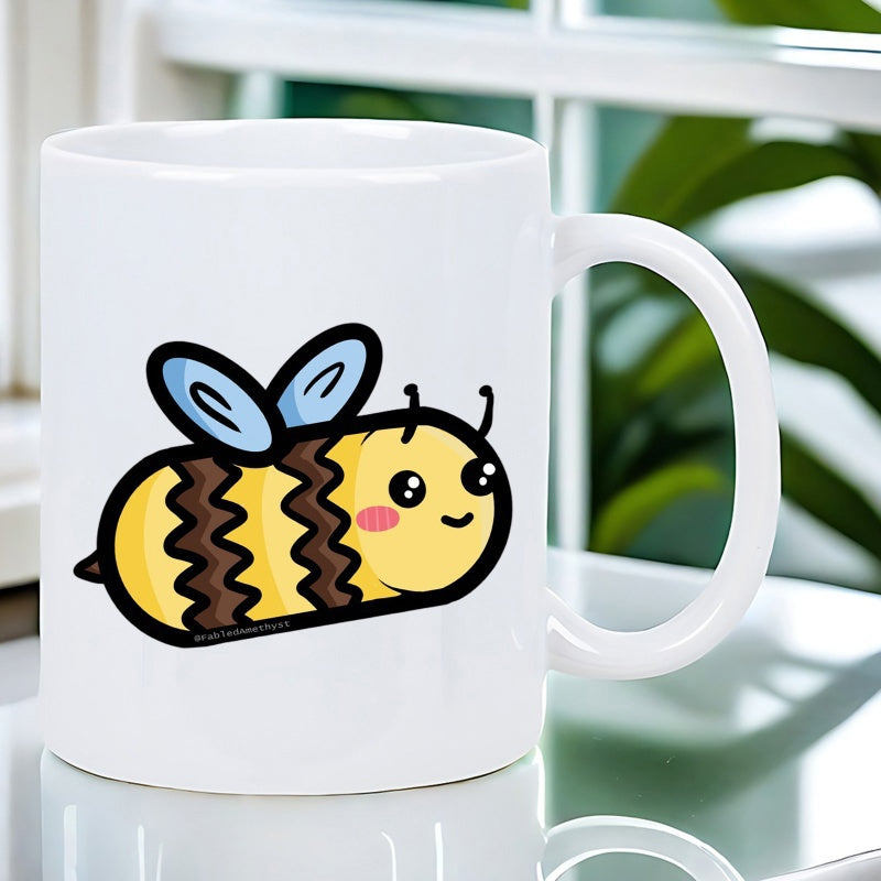 Tailorly White Ceramic 11 oz Mug - Adorable Cartoon Bumblebee With Yellow Stripes And Small Blue Wings Bee