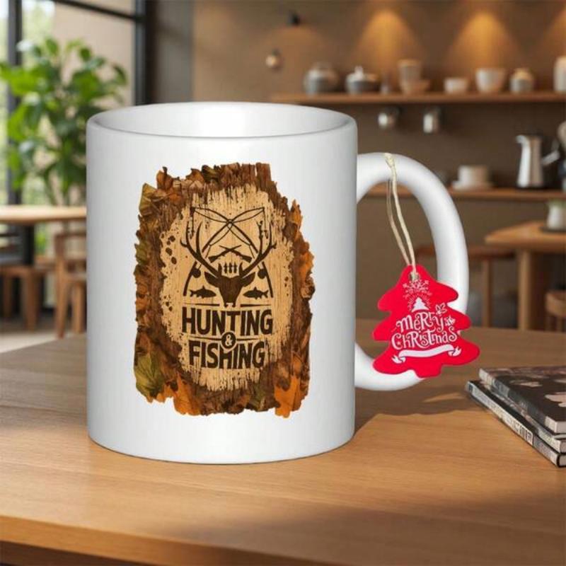 Tailorly White Ceramic 11 oz Mug - Hunting Fishing Rustic Wood Grain Texture Featuring Crossed Fishing Rods And Buck