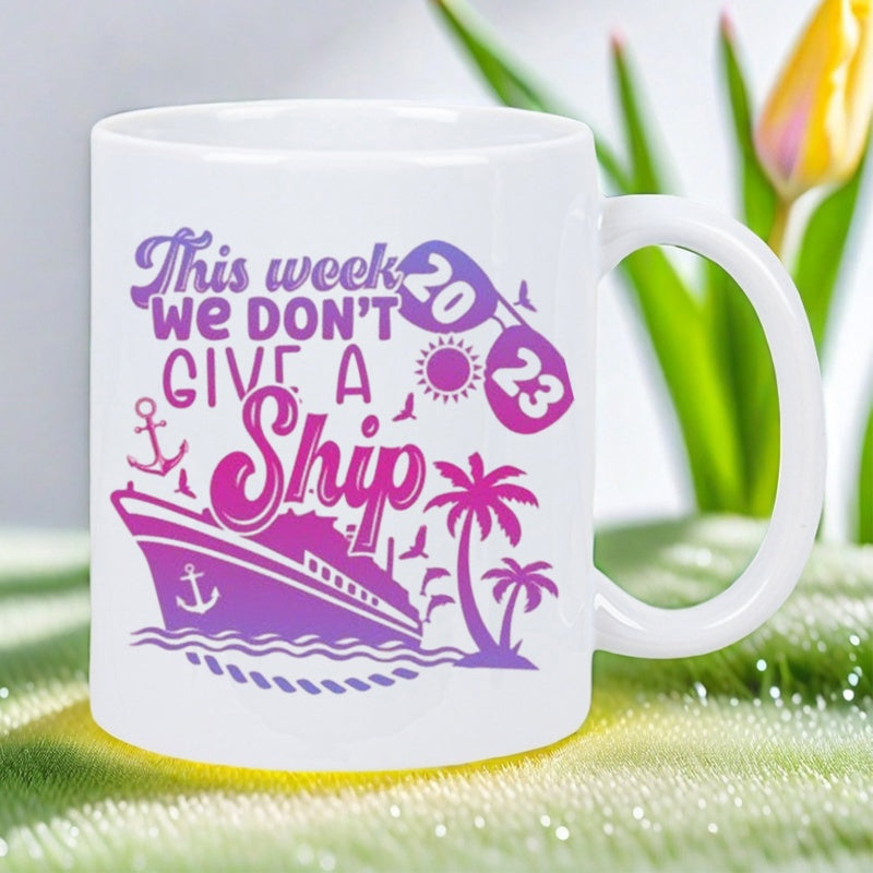 Tailorly White Ceramic 11 oz Mug - This Week We Don't Give A Ship 2023 Large Purple Vessel Sailing Past Tropical Palm Trees Under Summer Sun Cruise Ship