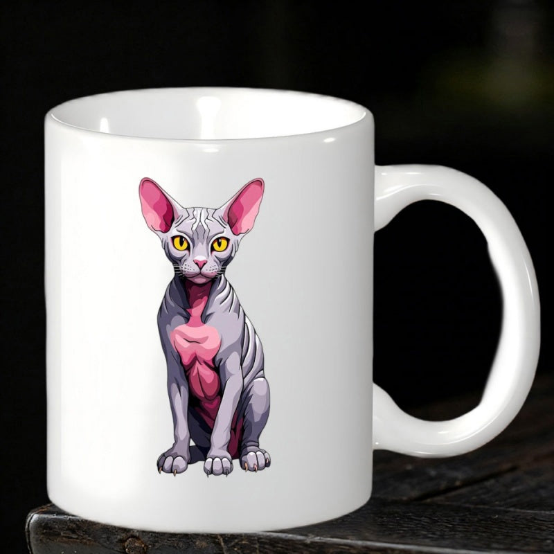 Tailorly White Ceramic 11 oz Mug - Realistic Lavender And Pink Sphynx Sitting Calmly With Large Yellow Eyes Cat