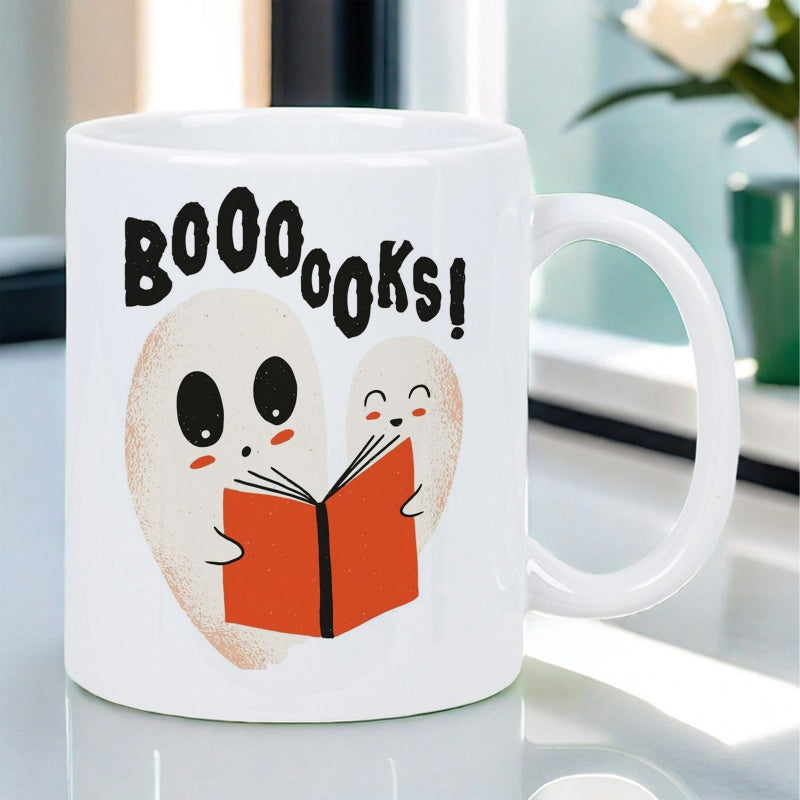 Tailorly White Ceramic 11 oz Mug - Boooks Adorable Little Cartoon Spirits Reading Together From An Orange Book Ghost