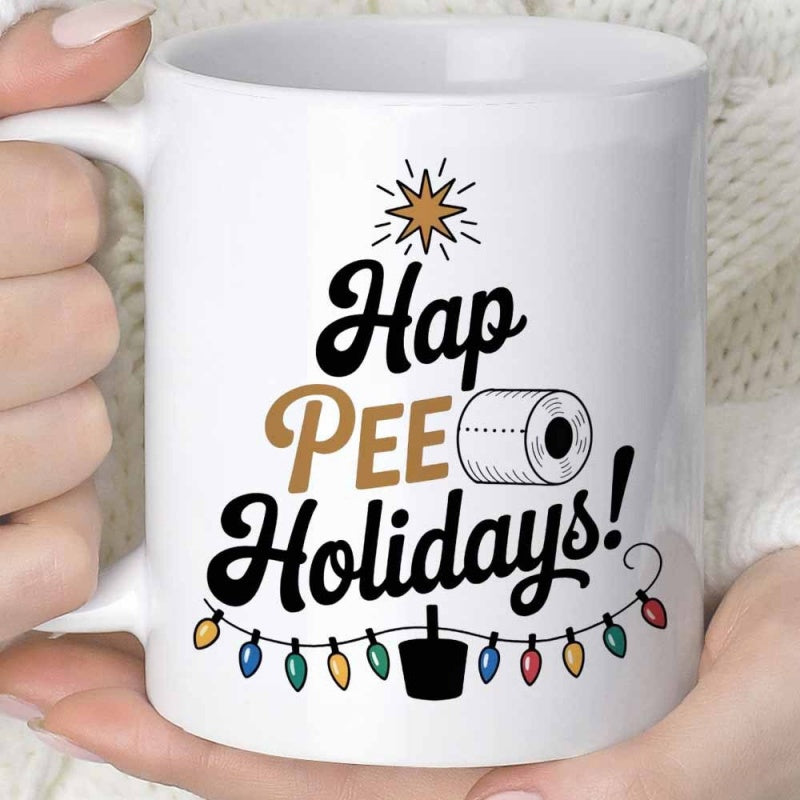 Tailorly White Ceramic 11 oz Mug - Hap PEE Holidays Festive Christmas Lights With A Shining Star And Toilet Paper Sign