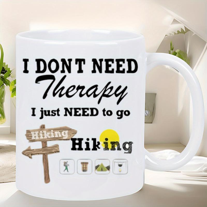 Tailorly White Ceramic 11 oz Mug - I Don't Need Therapy I Just Need To Go Hiking Rustic Wooden Signpost Under Yellow Sun Featuring Nature Icons Hiking