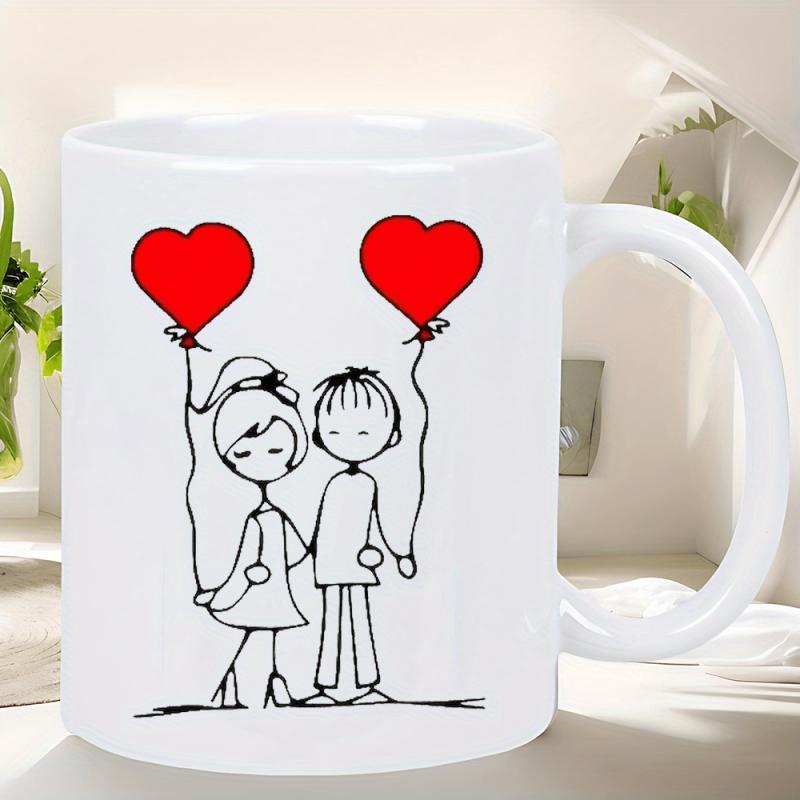 Tailorly White Ceramic 11 oz Mug - Minimalist Line Art Sketch Of Romantic Lovers Holding Heart Balloons Couple