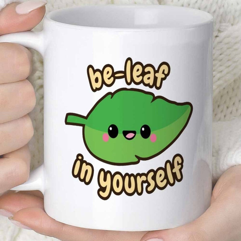Tailorly White Ceramic 11 oz Mug - Be Leaf In Yourself Happy Smiling Cartoon Foliage With Bright Pink Cheeks Cute Green Leaf