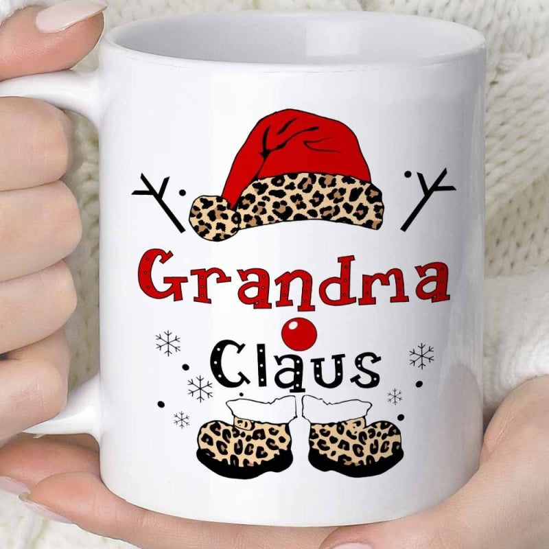 Tailorly White Ceramic 11 oz Mug - Grandma Claus Festive Leopard Print Santa Hat And Boots Among Snowflakes Mug