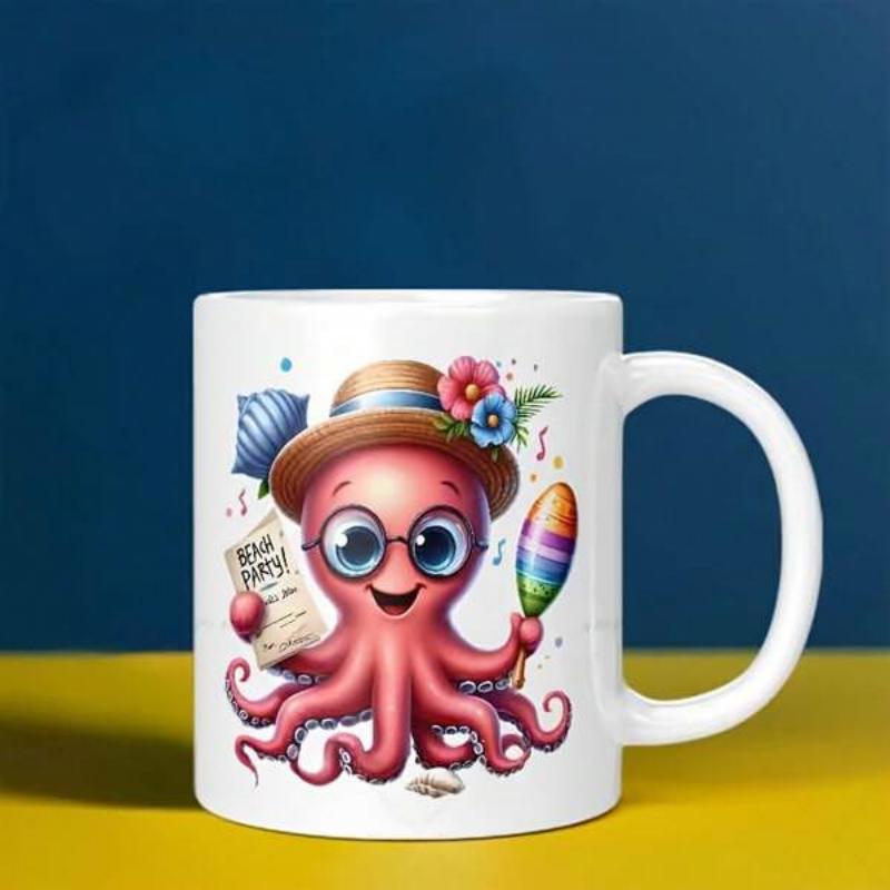 Tailorly White Ceramic 11 oz Mug - Beach Party Cute Pink Cartoon Character Wearing Straw Hat With Colorful Tropical Flowers Octopus