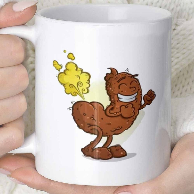 Tailorly White Ceramic 11 oz Mug - Funny Smiling Cartoon Character Releasing A Yellow Cloud Of Farting Gas Poop