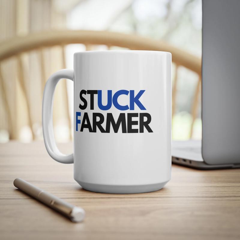 Tailorly White Ceramic 11 oz Mug - Stuck Farmer Modern Bold Blue And Black Typography On Smooth Ceramic Mug