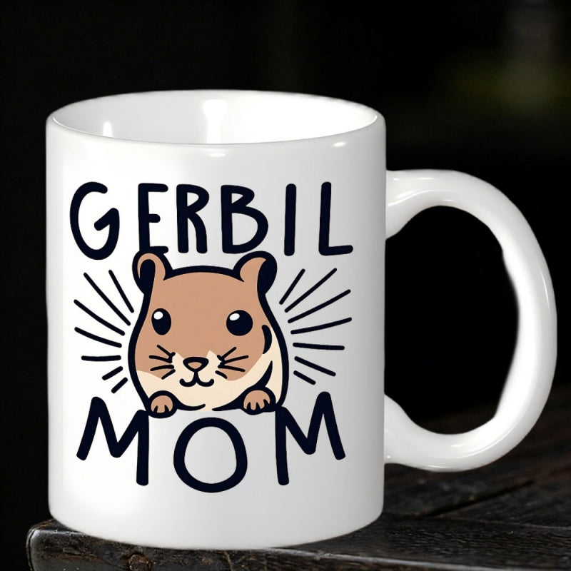 Tailorly White Ceramic 11 oz Mug - Gerbil Mom Adorable Cartoon Rodent Peeking Out With Radiant Lines In Background Gerbil