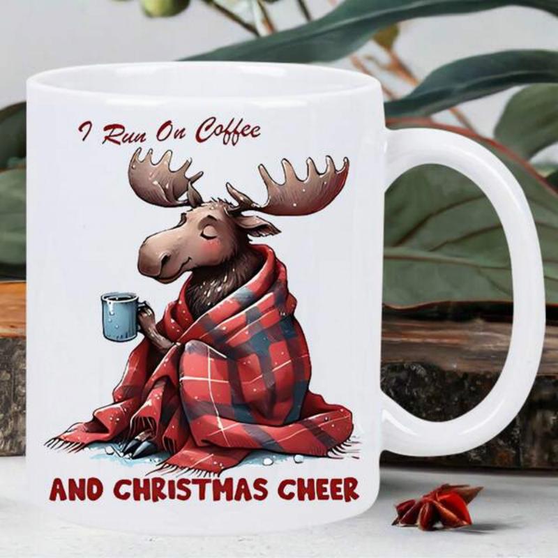 Tailorly White Ceramic 11 oz Mug - I Run On Coffee And Christmas Cheer Cartoon Animal Wrapped In Cozy Red Plaid Blanket Holding Tiny Coffee Cup Moose