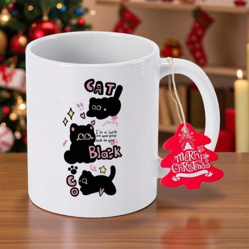 Tailorly White Ceramic 11 oz Mug - Cat Black Three Adorable Minimalist Black Kittens Floating Among Twinkling Stars And Hearts Cat