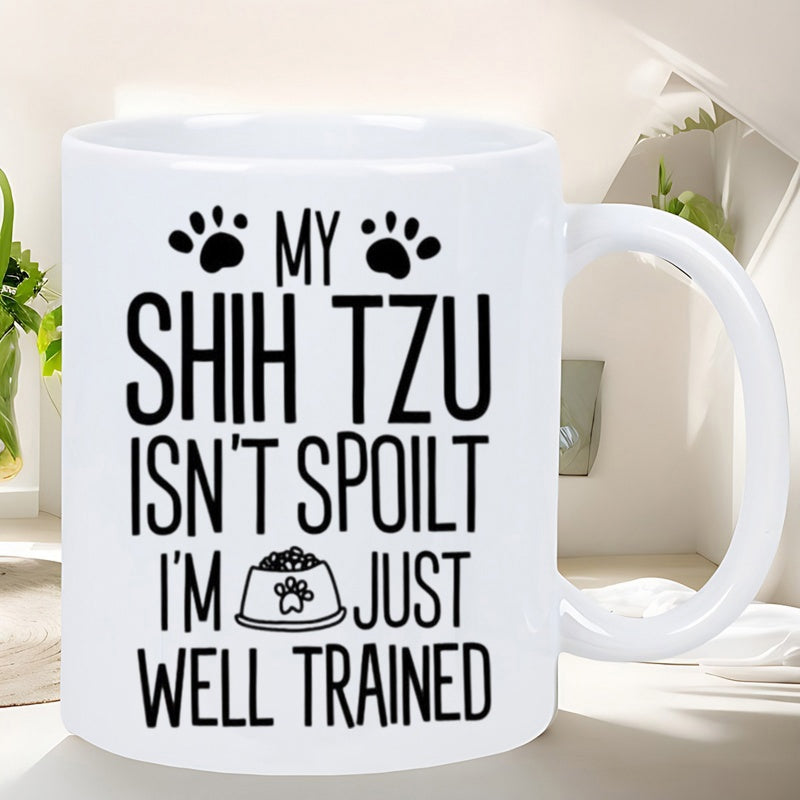 Tailorly White Ceramic 11 oz Mug - My Shih Tzu Isnt Spoilt Im Just Well Trained Minimalist Black Ink Paw Prints And Food Bowl Among Decorative Dog