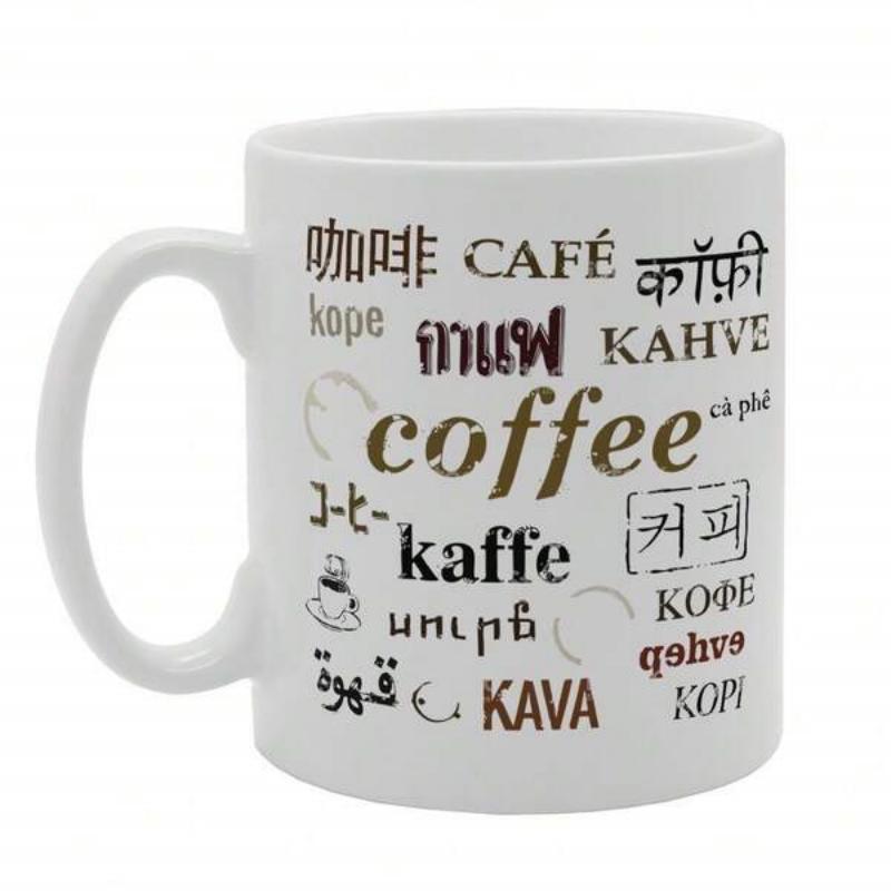Tailorly White Ceramic 11 oz Mug - Coffee Cafe Kaffe Kava Kopi Artistic Typography Featuring International Translations Of Popular Morning Beverage Mug