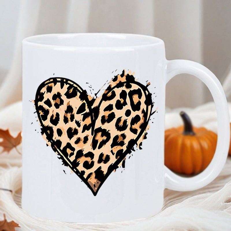Tailorly White Ceramic 11 oz Mug - Hand Drawn Sketchy Outline Featuring Wild Leopard Print Texture Pattern Heart