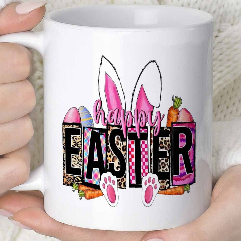 Tailorly White Ceramic 11 oz Mug - Happy Easter Pink Bunny Ears With Leopard Pattern Letters And Colorful Easter Eggs Bunny