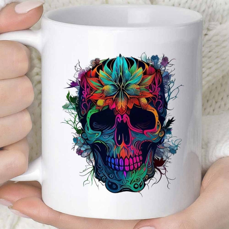 Tailorly White Ceramic 11 oz Mug - Vibrant Psychedelic Intricate Floral Patterns Surrounding A Mysterious And Colorful Skull
