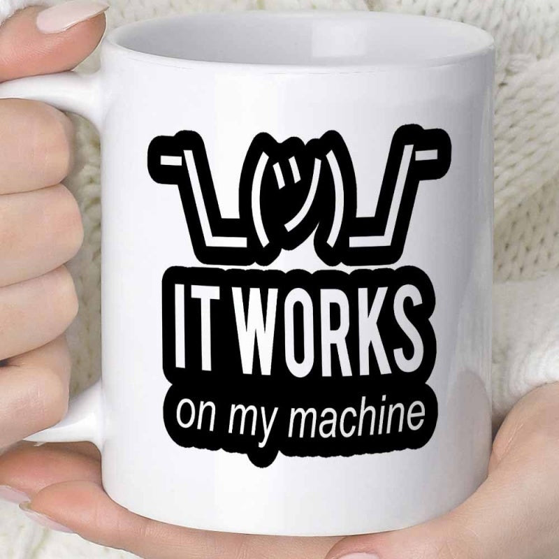 Tailorly White Ceramic 11 oz Mug - It Works On My Machine Minimalist Shrugging Emoticon Symbol Printed On A Classic