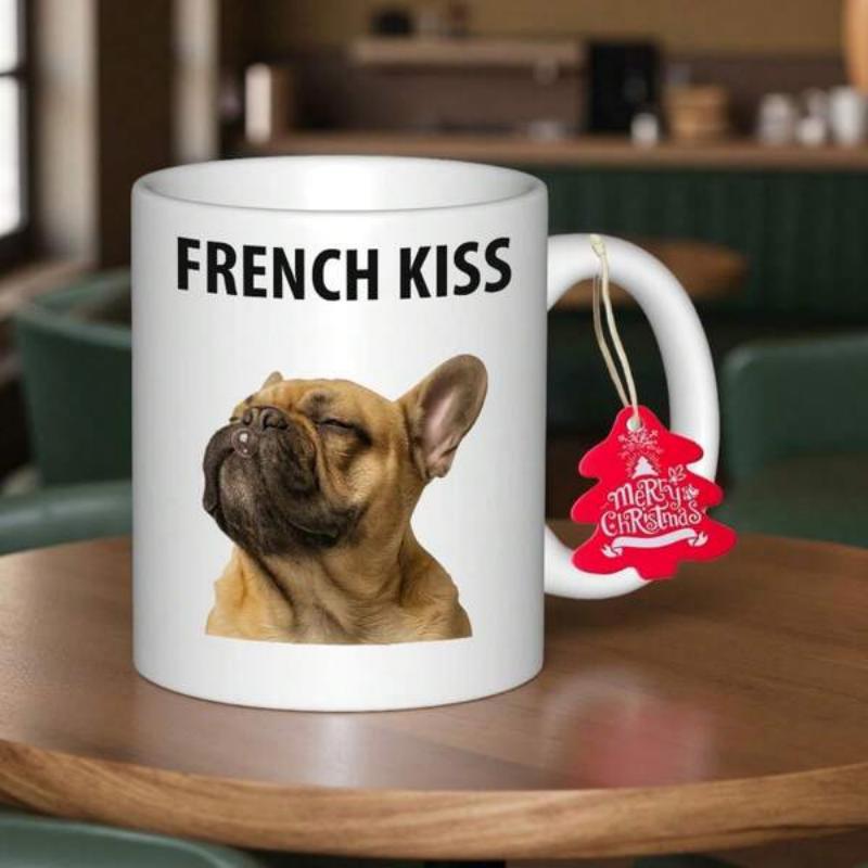 Tailorly White Ceramic 11 oz Mug - French Kiss Adorable Fawn Dog Tilting Head Beside A Red Christmas Tag Bulldog